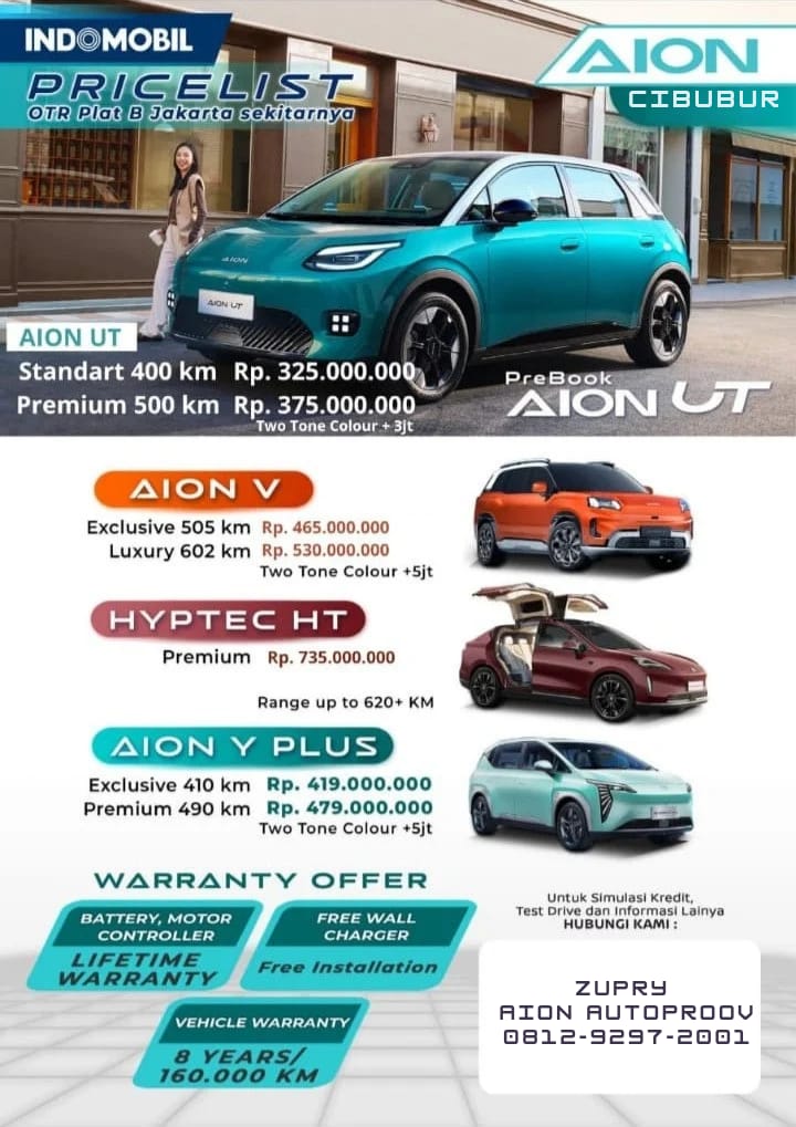 Daftar Harga Mobil Aion April 2026 Jabodetabek